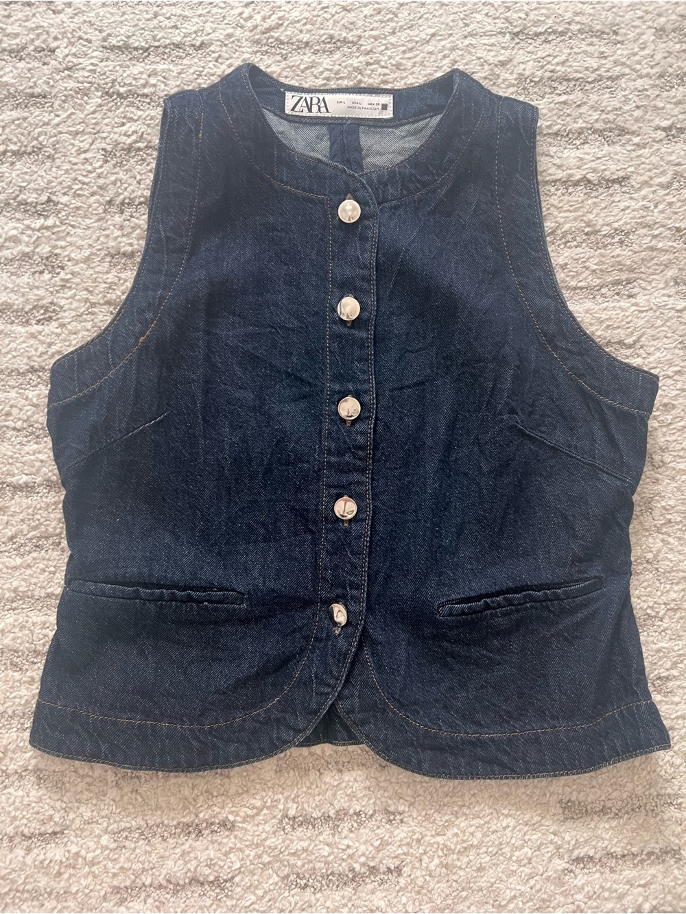 Zara Dark Blue Denim Button-Front Tank Vest